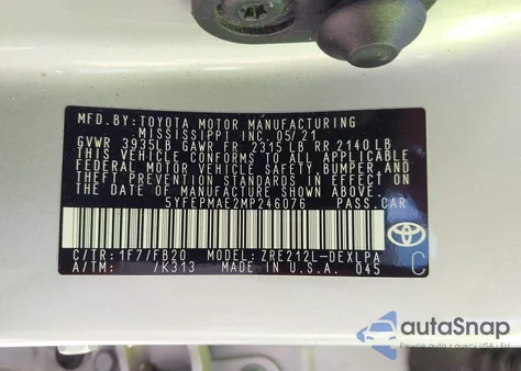 2021 Toyota Corolla Le from USA, damaged, VIN 5YFEPMAE2MP246076